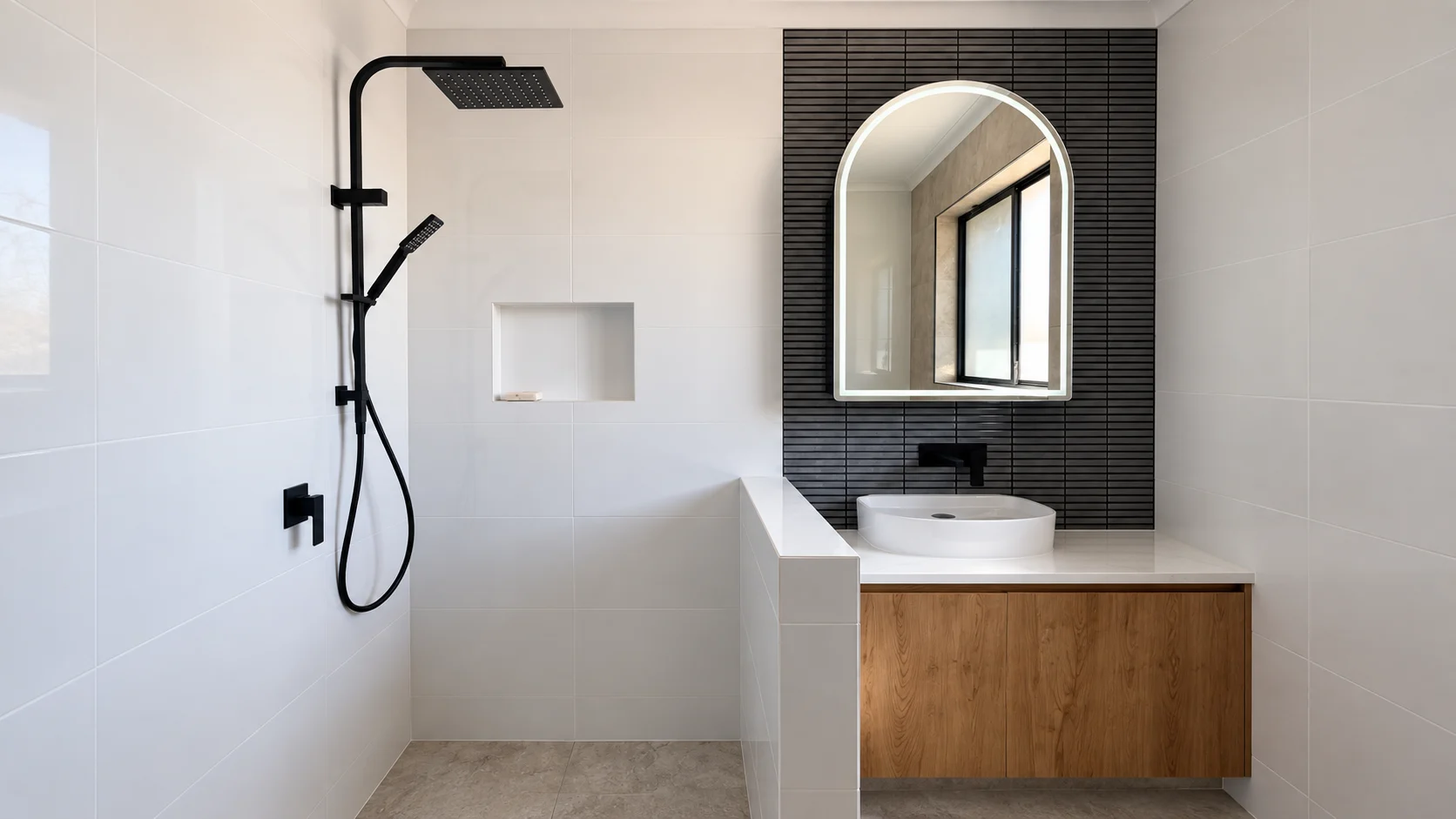 R&J bathroom with black fittings and a timber vanity; image extended and tidied with AI
